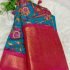 Kalamkari Printed with Gold Zari Border Blue